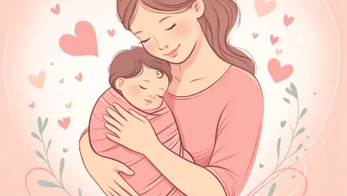 DALL·E 2024 04 17 08.47.11 Create an illustration of a mother embracing her sleeping infant. The mother should have a tender expression on her face and the baby should appear p