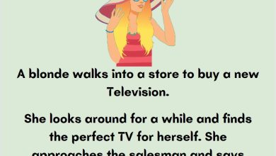 A blonde walks into a store to buy a new Television