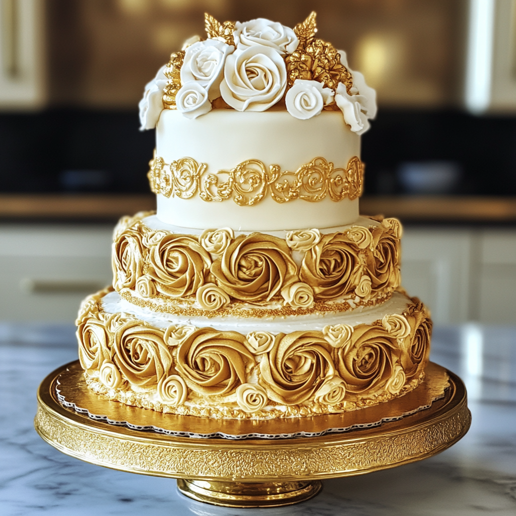 A gold and white cake | Source: Midjourney