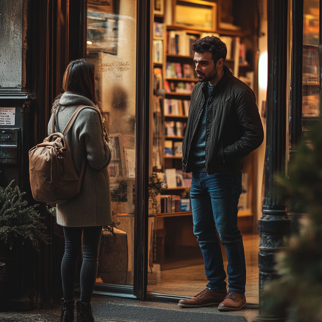 Man in smart casual clothes talking to a woman outside a bookstore | Source: Midjourney