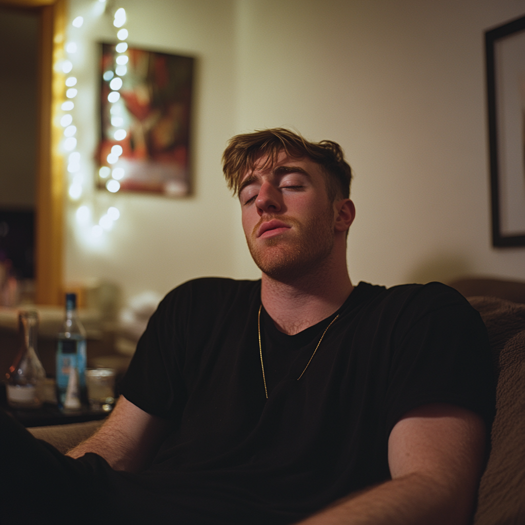 A man looking tired and drunk while sitting on the sofa | Source: Midjourney