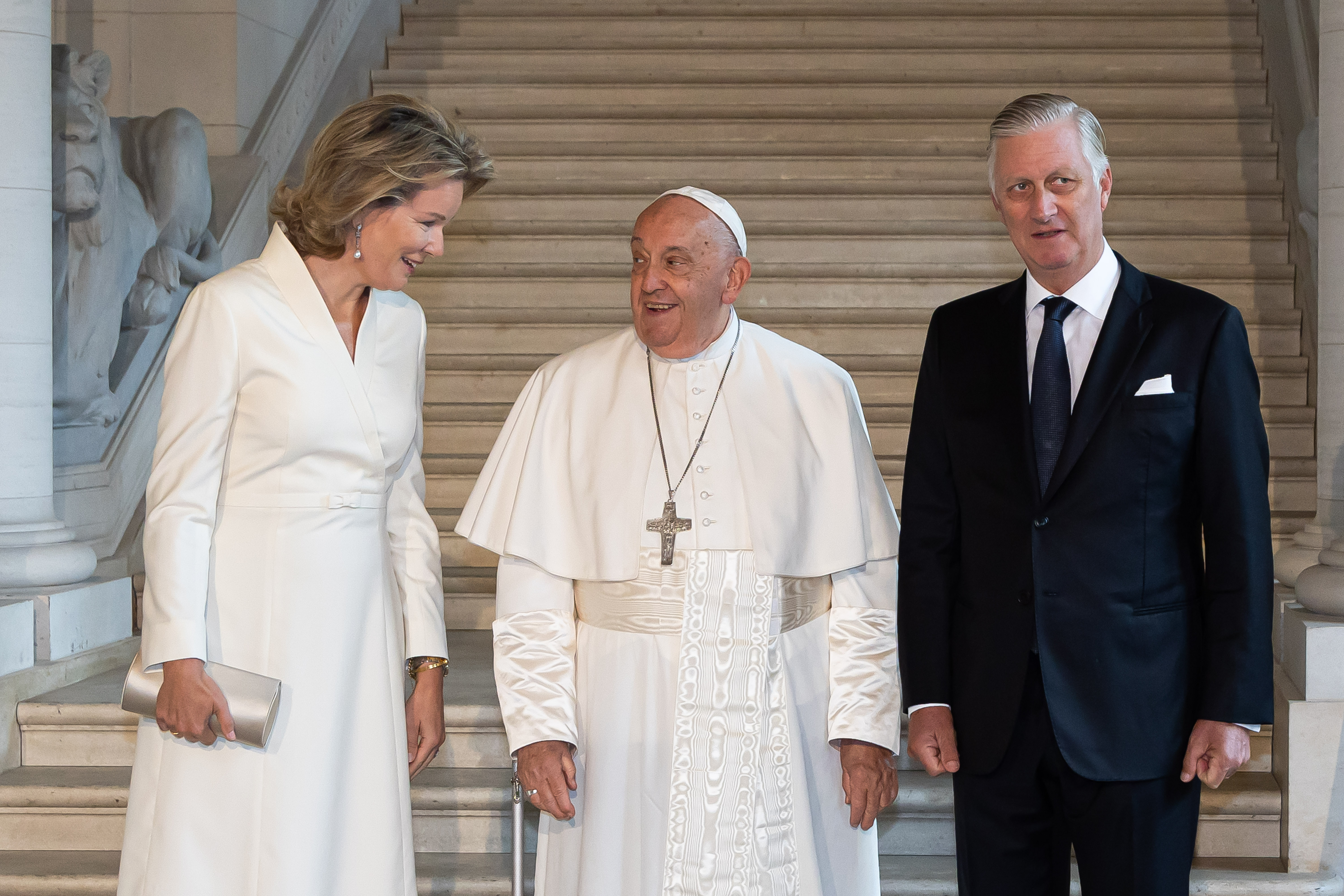 Pope Francis photographed with King Philippe and Queen Mathilde of Belgium at Laeken Castle on September 27, 2024, in Brussels, Belgium. | Source: Getty Images