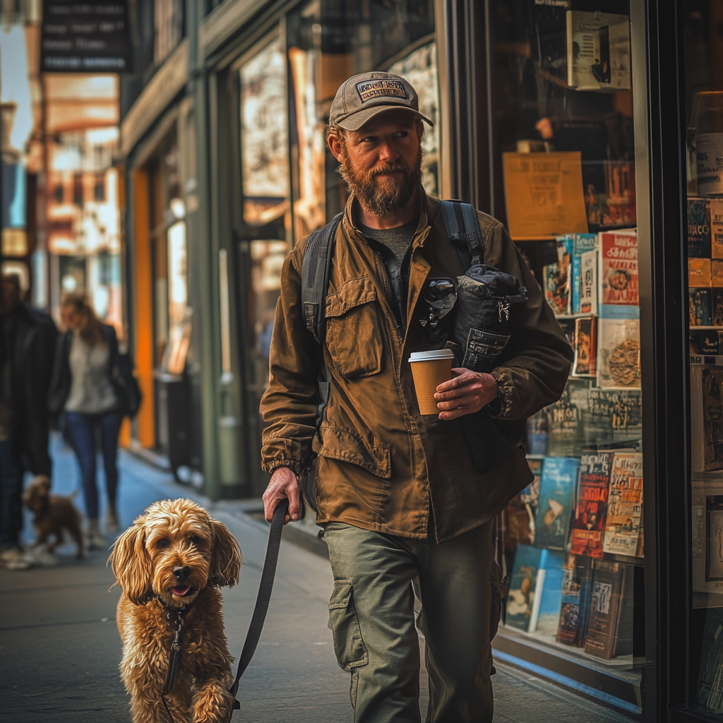 A man outside a bookstore with a cup of coffee in one hand and a dog leash in the other | Source: Midjourney