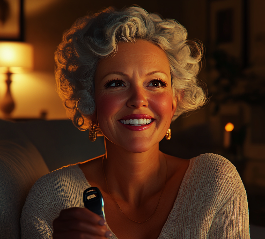 A delighted senior woman holding a car key | Source: Midjourney