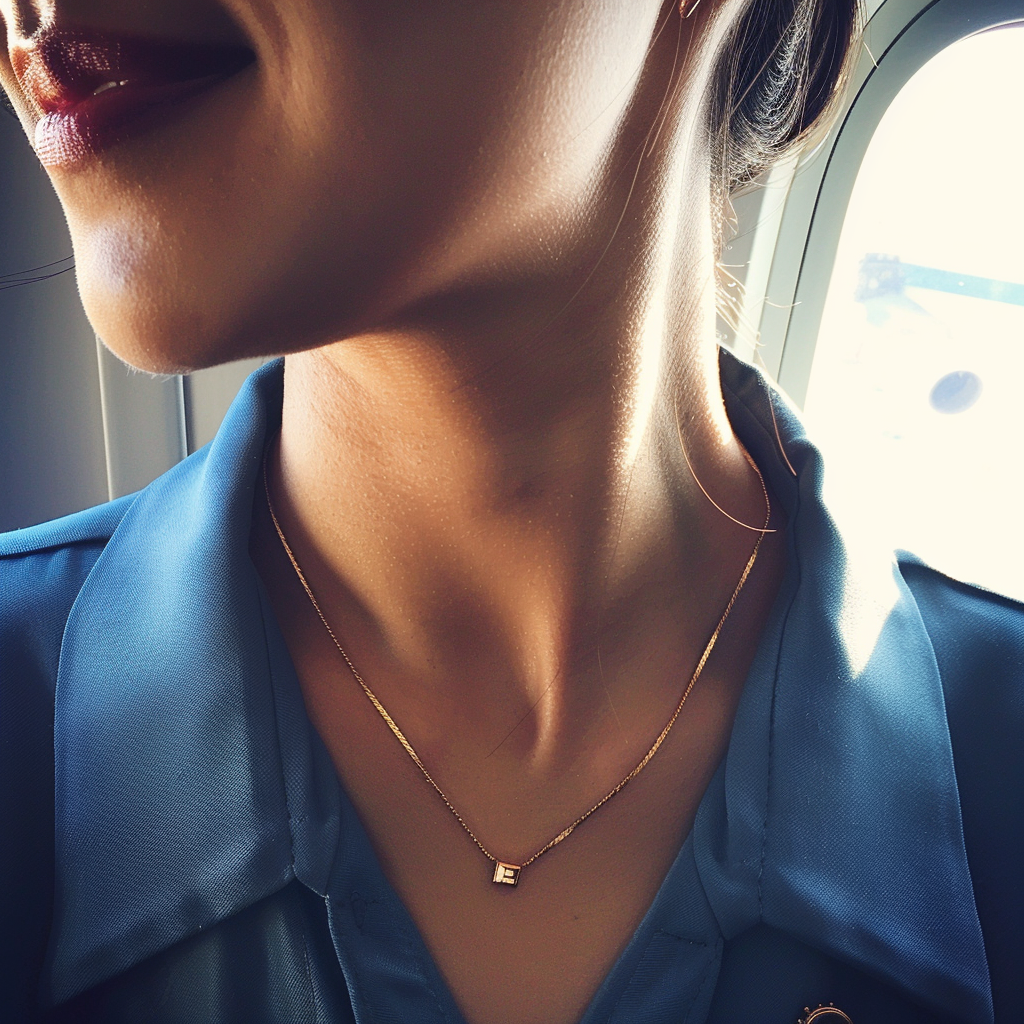 A flight attendant wearing a gold necklace | Source: Midjourney