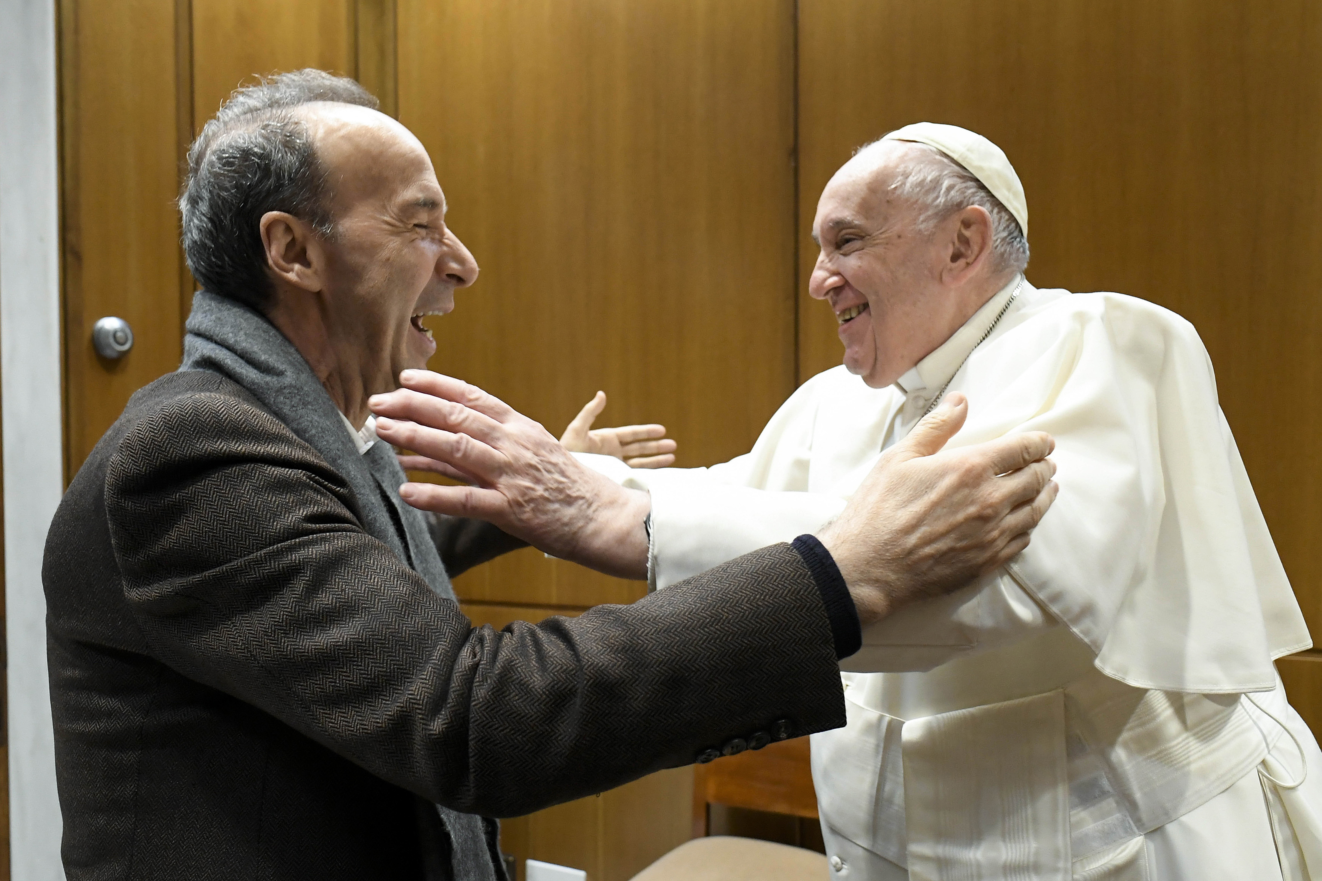 Pope Francis meeting Italian actor and director Roberto Benigni at Paul VI Hall on December 7, 2022, in Vatican City. | Source: Getty Images