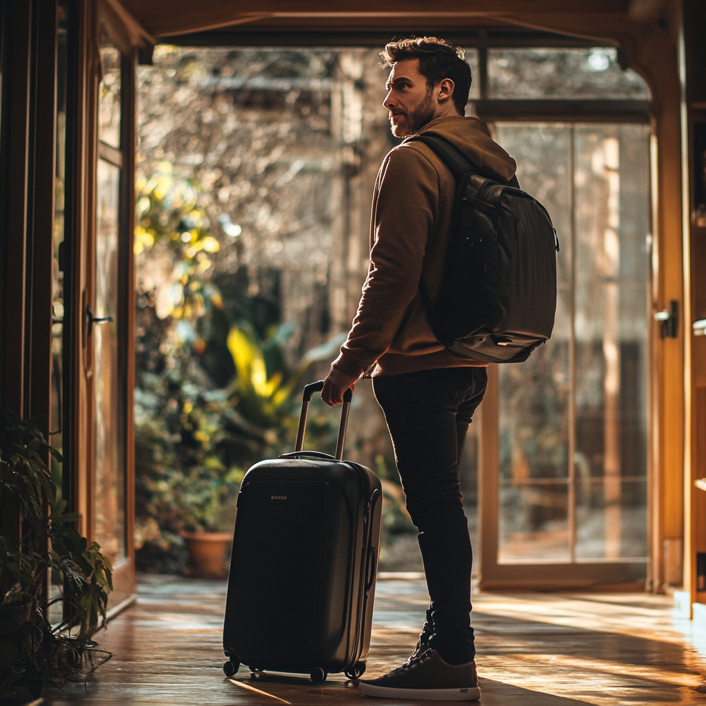 A man stands next to his suitcase inside his house | Source: Midjourney