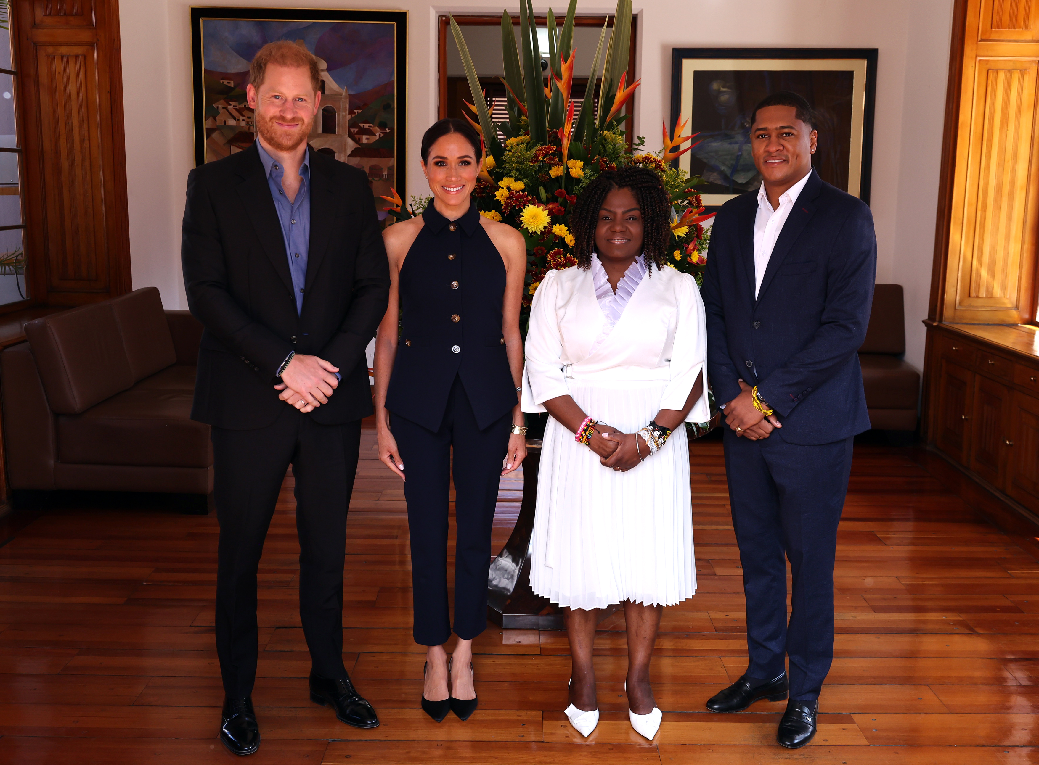 Prince Harry, Meghan Markle, Vice President Francia Márquez, and Yerney Pinillo posing for a picture on August 15, 2024, in Bogotá, Colombia. | Source: Getty Images