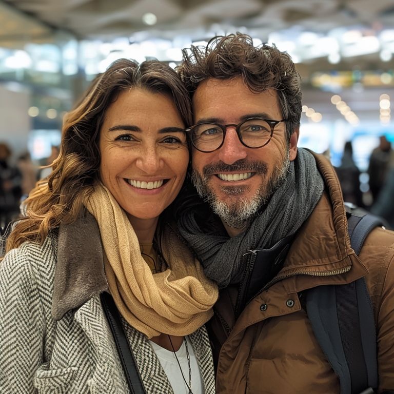 Woman on Plane Put Feet on My Husband’s Seat – I Couldn’t Stand It & Took Petty Revenge on Her 1 A smiling couple at an airport | Source: Midjourney